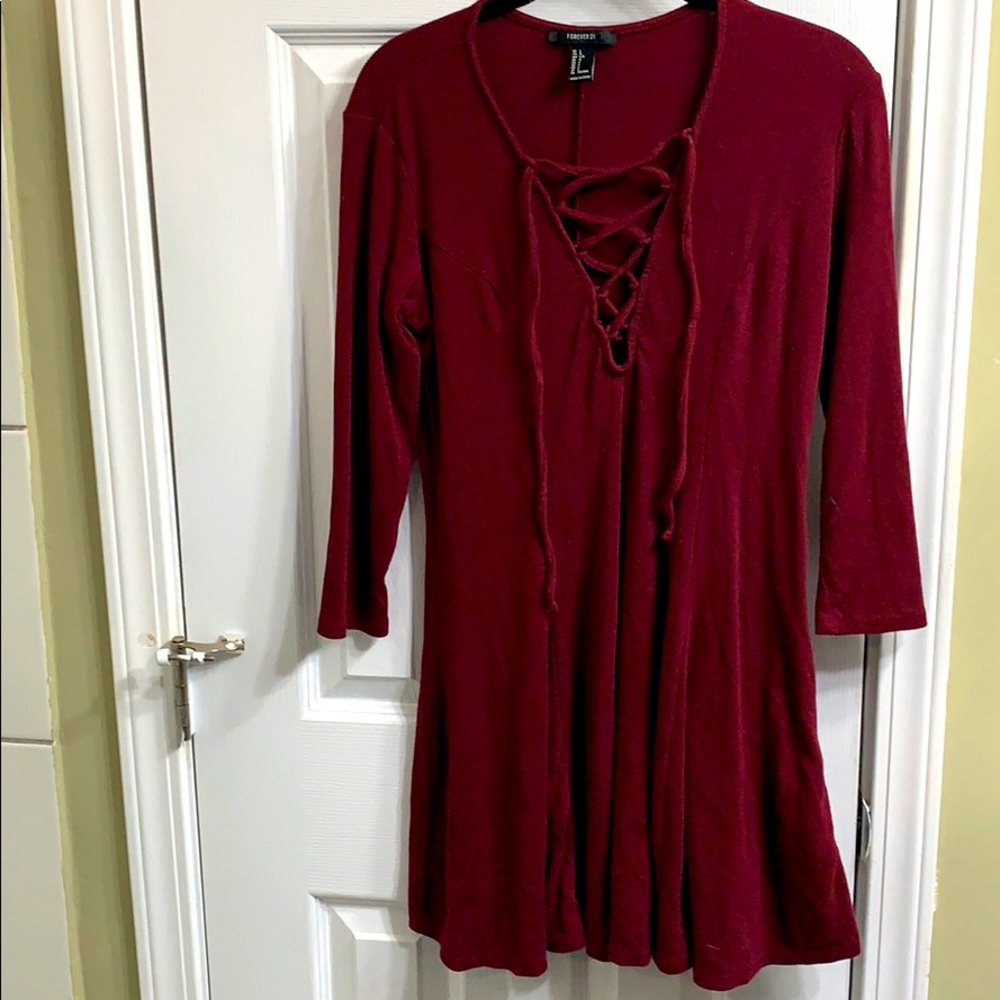 Burgundy Tie Up Jersey Knit Long Sleeve Dress